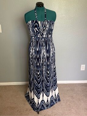 Soma Navy & White Ikat Halter Maxi Bra Dress